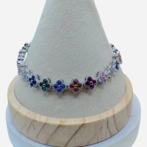 Floral Multicolor Sparkly Bracelet for small wrist in silver tone base